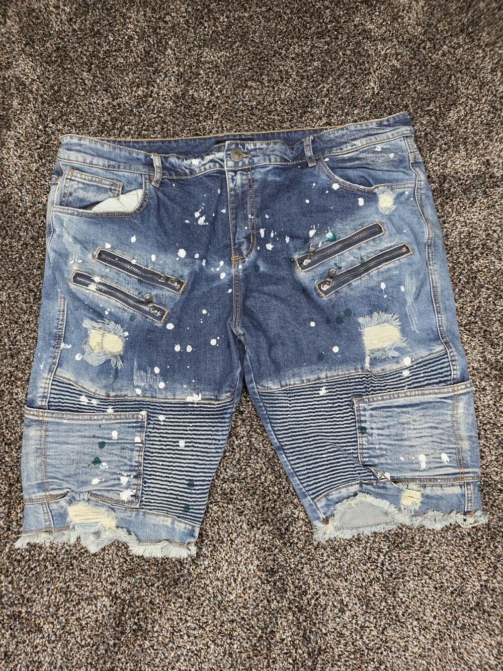 Embellish Men's Biker Denim Shorts Size 44 Blue Paint Splatter Moto Zipper...